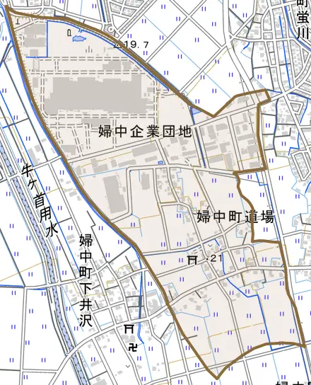 婦中町道場とその周辺の地図。町の範囲を重ねている