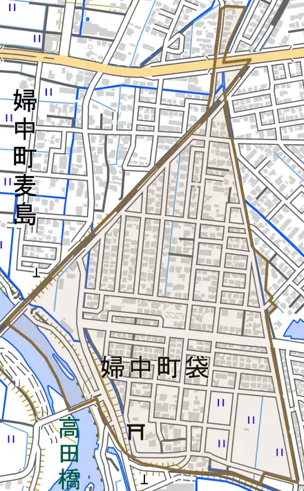 婦中町袋とその周辺の地図。町の範囲を重ねている