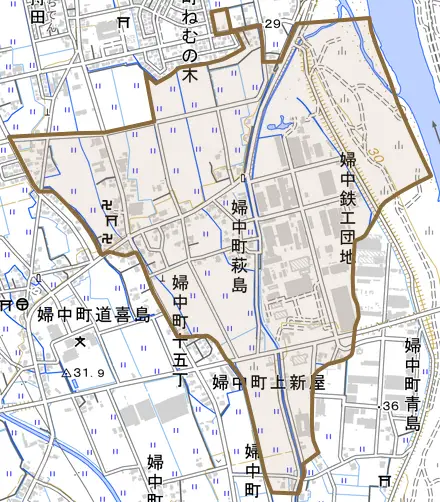 婦中町萩島とその周辺の地図。町の範囲を重ねている