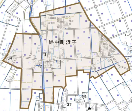 婦中町浜子とその周辺の地図。町の範囲を重ねている