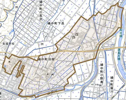 婦中町羽根とその周辺の地図。町の範囲を重ねている