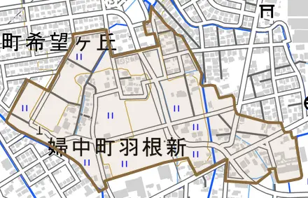 婦中町羽根新とその周辺の地図。町の範囲を重ねている