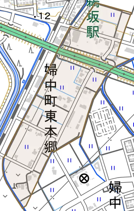婦中町東本郷とその周辺の地図。町の範囲を重ねている