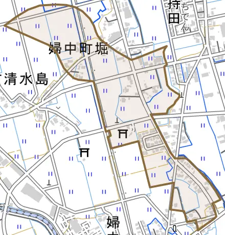 婦中町堀とその周辺の地図。町の範囲を重ねている