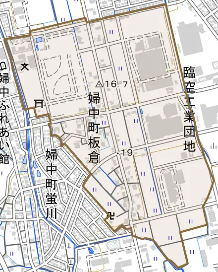 婦中町板倉とその周辺の地図。町の範囲を重ねている