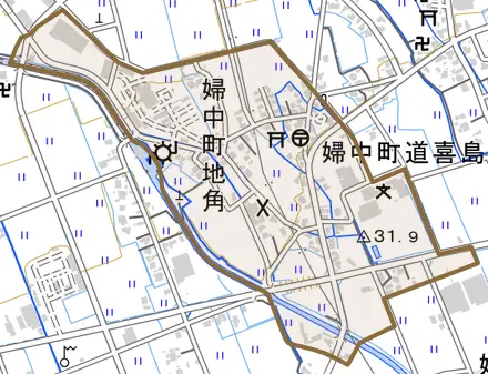 婦中町地角とその周辺の地図。町の範囲を重ねている