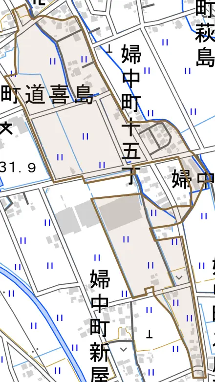 婦中町十五丁とその周辺の地図。町の範囲を重ねている