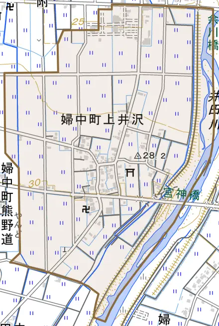 婦中町上井沢とその周辺の地図。町の範囲を重ねている