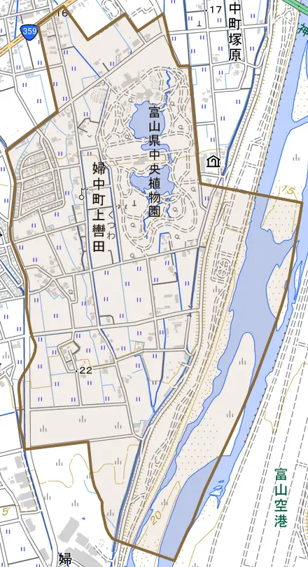 婦中町上轡田とその周辺の地図。町の範囲を重ねている