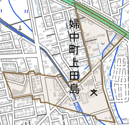 婦中町上田島とその周辺の地図。町の範囲を重ねている