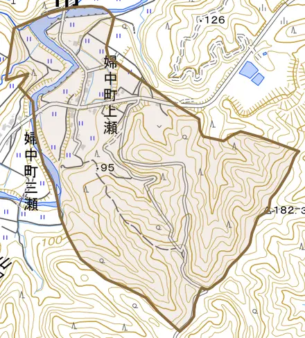婦中町上瀬とその周辺の地図。町の範囲を重ねている