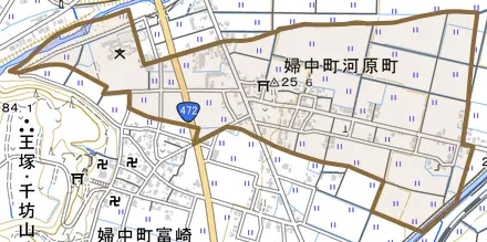婦中町河原町とその周辺の地図。町の範囲を重ねている
