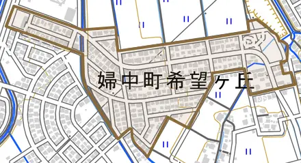 婦中町希望ケ丘とその周辺の地図。町の範囲を重ねている