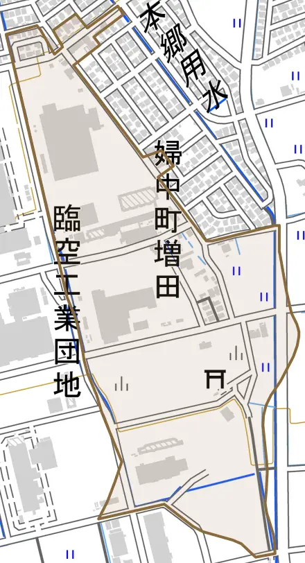 婦中町増田とその周辺の地図。町の範囲を重ねている