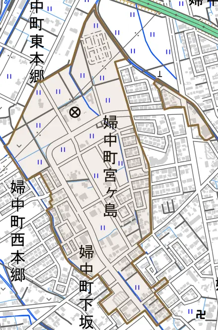 婦中町宮ケ島とその周辺の地図。町の範囲を重ねている