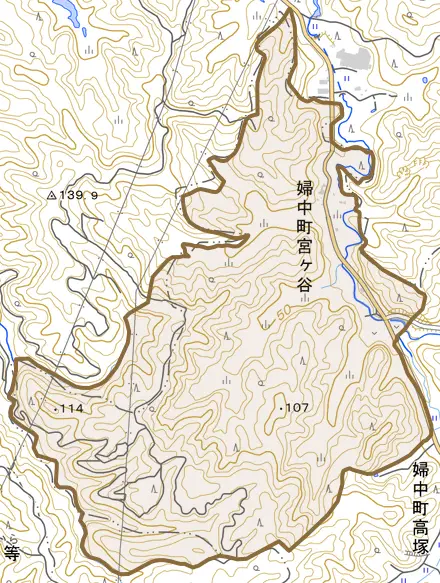婦中町宮ヶ谷とその周辺の地図。町の範囲を重ねている