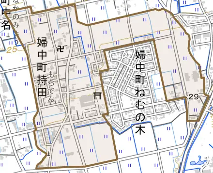 婦中町持田とその周辺の地図。町の範囲を重ねている