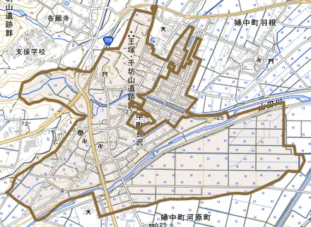 婦中町長沢とその周辺の地図。町の範囲を重ねている