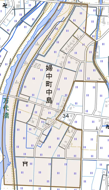 婦中町中島とその周辺の地図。町の範囲を重ねている