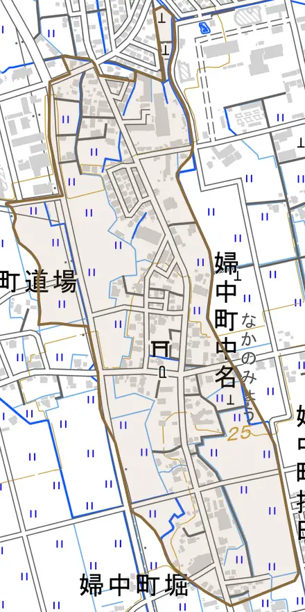 婦中町中名とその周辺の地図。町の範囲を重ねている