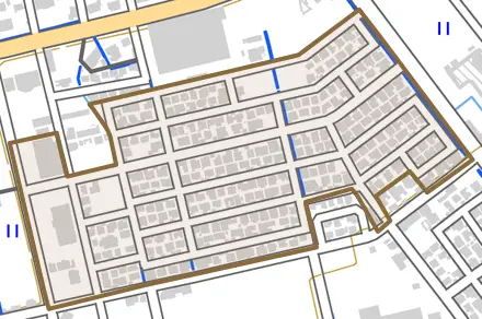 婦中町西ヶ丘とその周辺の地図。町の範囲を重ねている