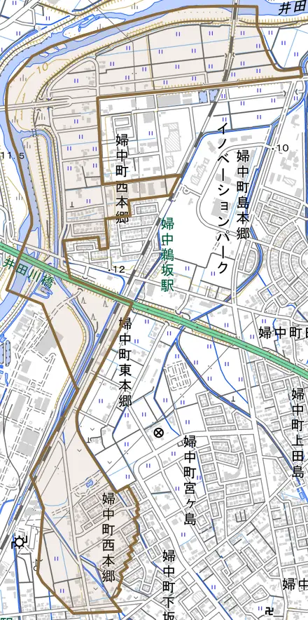 婦中町西本郷とその周辺の地図。町の範囲を重ねている