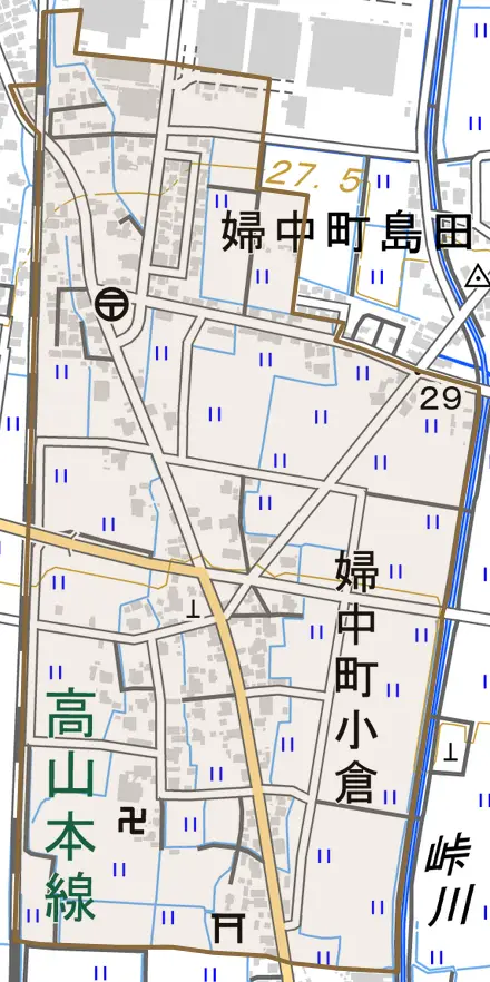 婦中町小倉とその周辺の地図。町の範囲を重ねている
