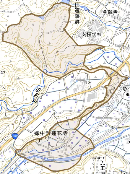 婦中町蓮花寺とその周辺の地図。町の範囲を重ねている