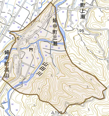 婦中町三瀬とその周辺の地図。町の範囲を重ねている