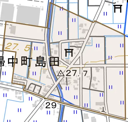 婦中町島田とその周辺の地図。町の範囲を重ねている