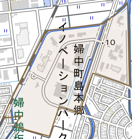 婦中町島本郷とその周辺の地図。町の範囲を重ねている