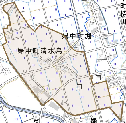 婦中町清水島とその周辺の地図。町の範囲を重ねている