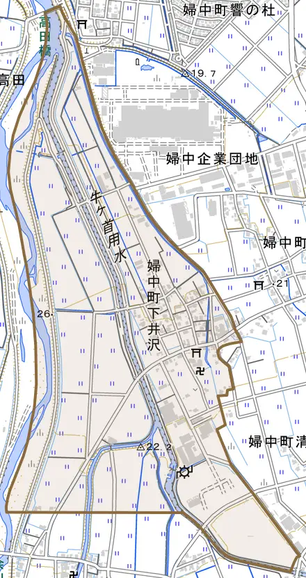 婦中町下井沢とその周辺の地図。町の範囲を重ねている