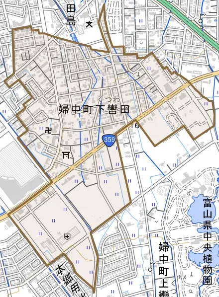 婦中町下轡田とその周辺の地図。町の範囲を重ねている