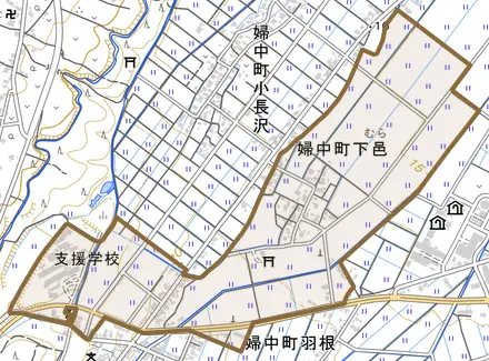 婦中町下邑とその周辺の地図。町の範囲を重ねている