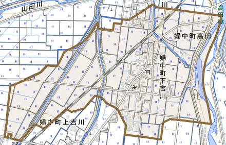 婦中町下吉川とその周辺の地図。町の範囲を重ねている