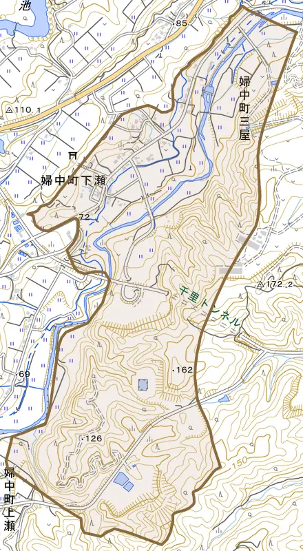 婦中町下瀬とその周辺の地図。町の範囲を重ねている