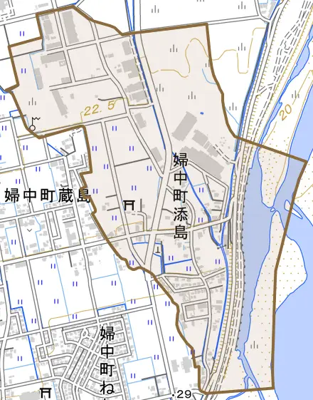 婦中町添島とその周辺の地図。町の範囲を重ねている