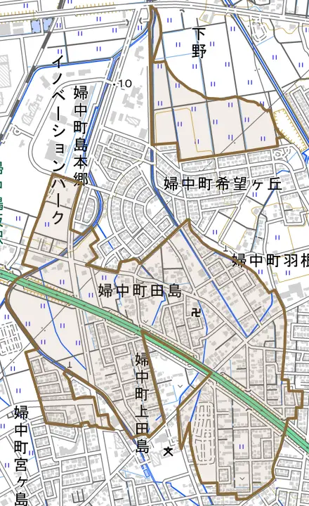 婦中町田島とその周辺の地図。町の範囲を重ねている