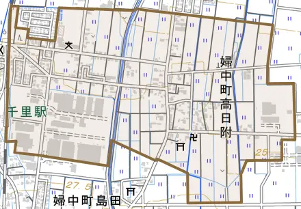 婦中町高日附とその周辺の地図。町の範囲を重ねている
