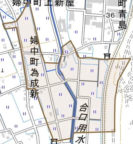 婦中町為成新とその周辺の地図。町の範囲を重ねている