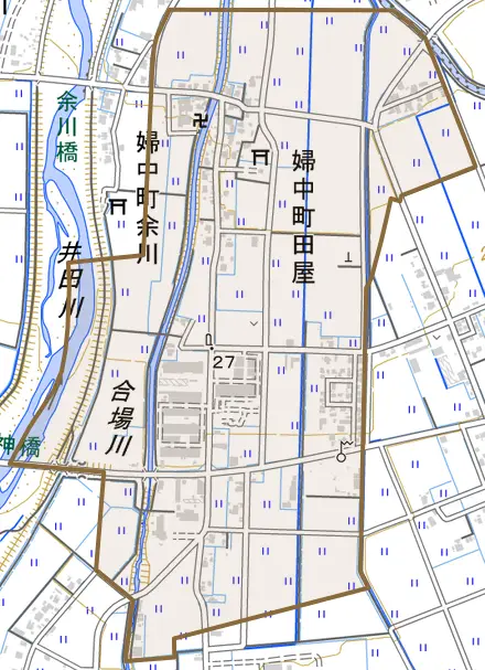 婦中町田屋とその周辺の地図。町の範囲を重ねている