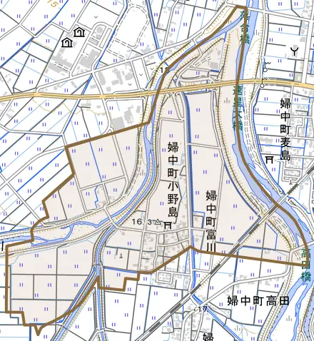婦中町富川とその周辺の地図。町の範囲を重ねている