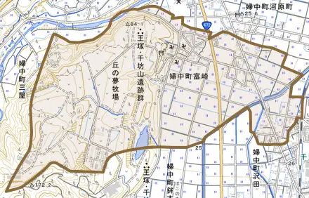 婦中町富崎とその周辺の地図。町の範囲を重ねている