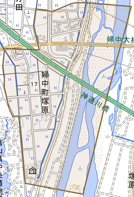 婦中町塚原とその周辺の地図。町の範囲を重ねている