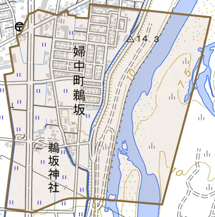 婦中町鵜坂とその周辺の地図。町の範囲を重ねている