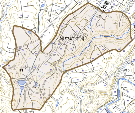 婦中町牛滑とその周辺の地図。町の範囲を重ねている