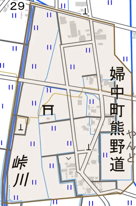 婦中町熊野道とその周辺の地図。町の範囲を重ねている