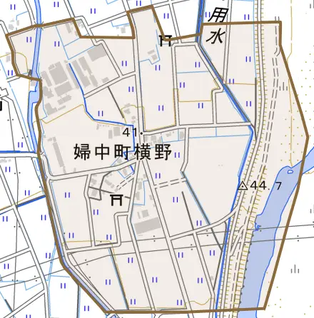 婦中町横野とその周辺の地図。町の範囲を重ねている