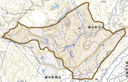 婦中町吉谷とその周辺の地図。町の範囲を重ねている